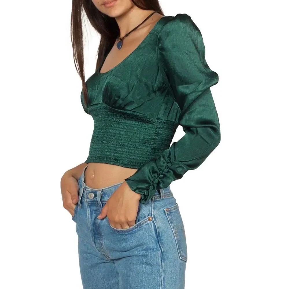 Free People Smocked Waist Satin Crop Top Blouse Emerald Green Long Sleeve XS
